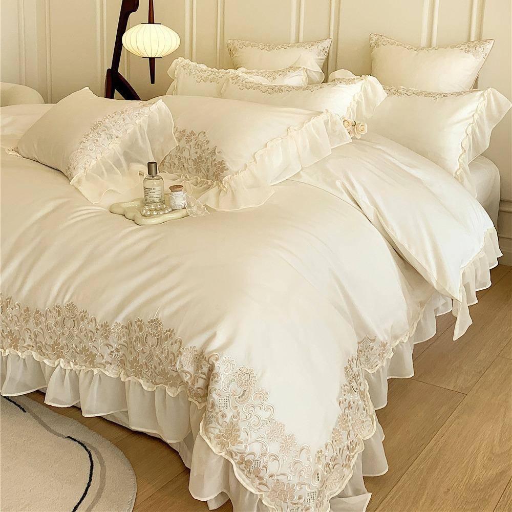 A类法式轻奢绒棉四1件套高密刺绣花边纯被XR套长.8床上棉用品