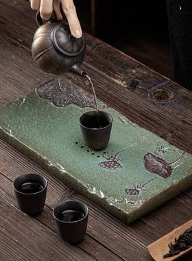 爱莲PXLD2021泡茶盘说日式小号长方干形粗陶储干水式泡台家用鎏金