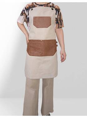 帆布拼13443皮口袋围裙男女通用个性时尚工双肩革腰餐饮上围班防