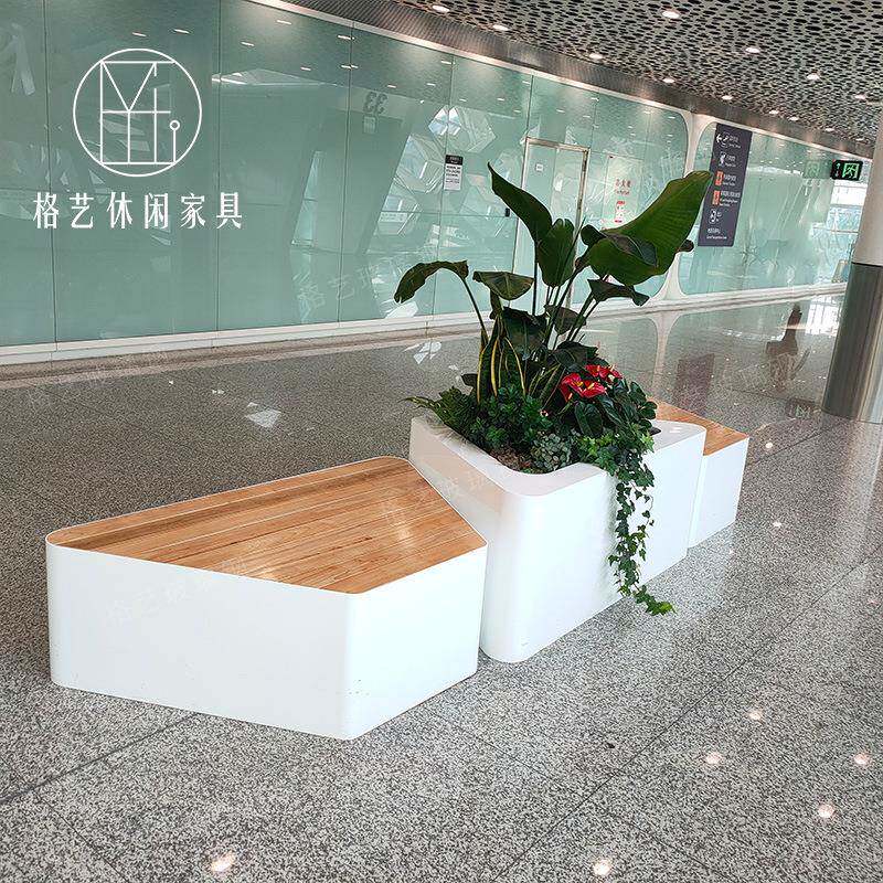 玻璃钢凳花盆组合创木纹漆商场公园意机防腐木休闲椅工场坐CZQ厂