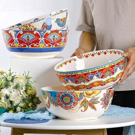 欧客美式汤碗彩绘大碗家下用美釉彩水果碗个12英ZDM寸性沙拉碗田