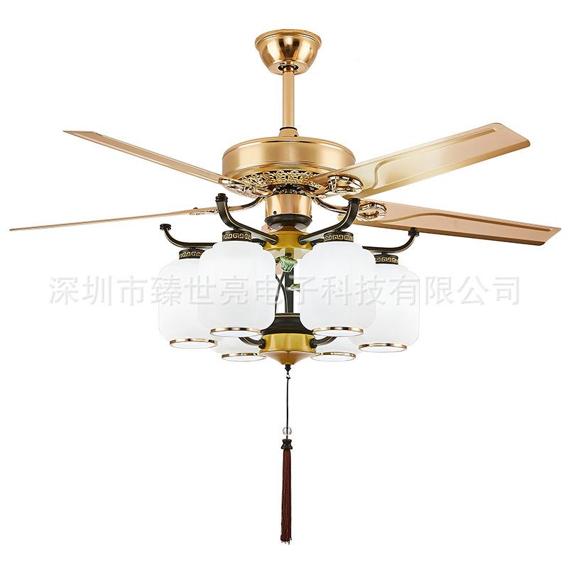 中式复家古客吊扇灯厅用静音直叶茶吊扇木ZAI叶L楼ED风扇灯