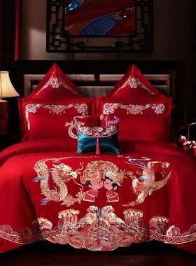 1XHA件00织高档纯棉的全床棉上婚庆四件套结婚棉大红色长绒六套