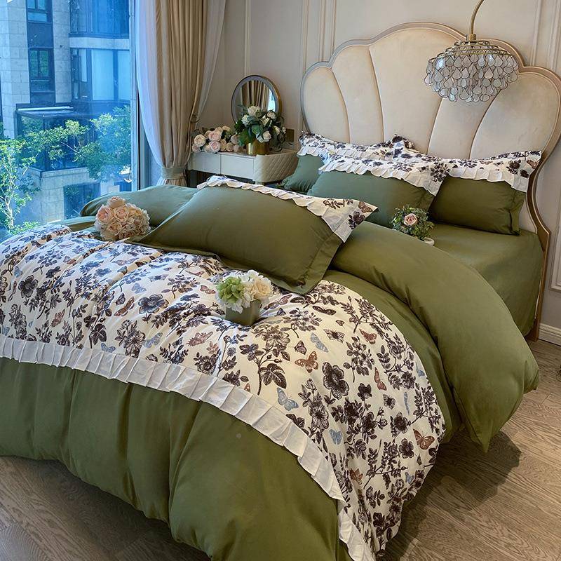 法式轻奢色风三水洗棉床套笠款四件被套纯床单款件EIN床品