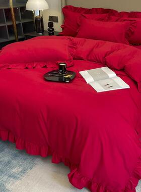 大红色婚庆四件套结上床用品水洗中棉被套床单式喜庆新SMD婚房婚