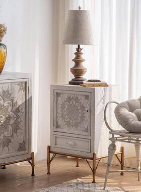 家美式复古19108实木斗柜床头柜客厅柜约酒柜雕花钉制契高卧室简