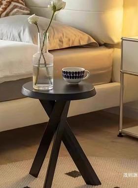 法黑色实木小茶边几沙发圆桌子床头中复古风式柜矮物置架客厅9887