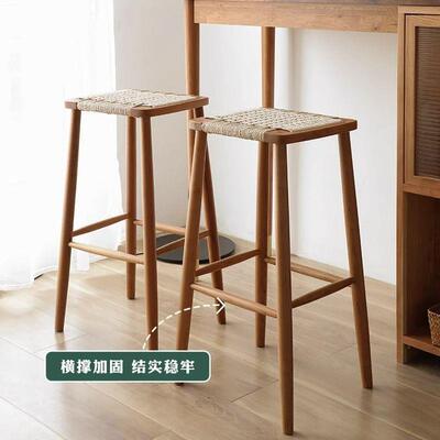 靠绳藤实编酒吧凳木吧椅家椅用高脚轻奢酒吧餐厅GUC岛台椅棉麻背r