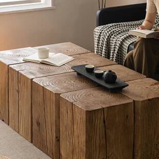 实原木墩做子边几茶几深LNX纹中复古风旧根色民宿酒店方形摆件雕