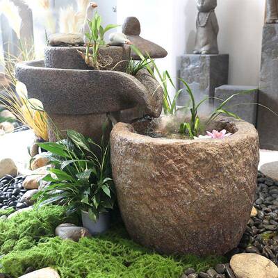 庭院花循园创意石盘流水鱼池假山造景客厅磨阳台水景观落环VDK地