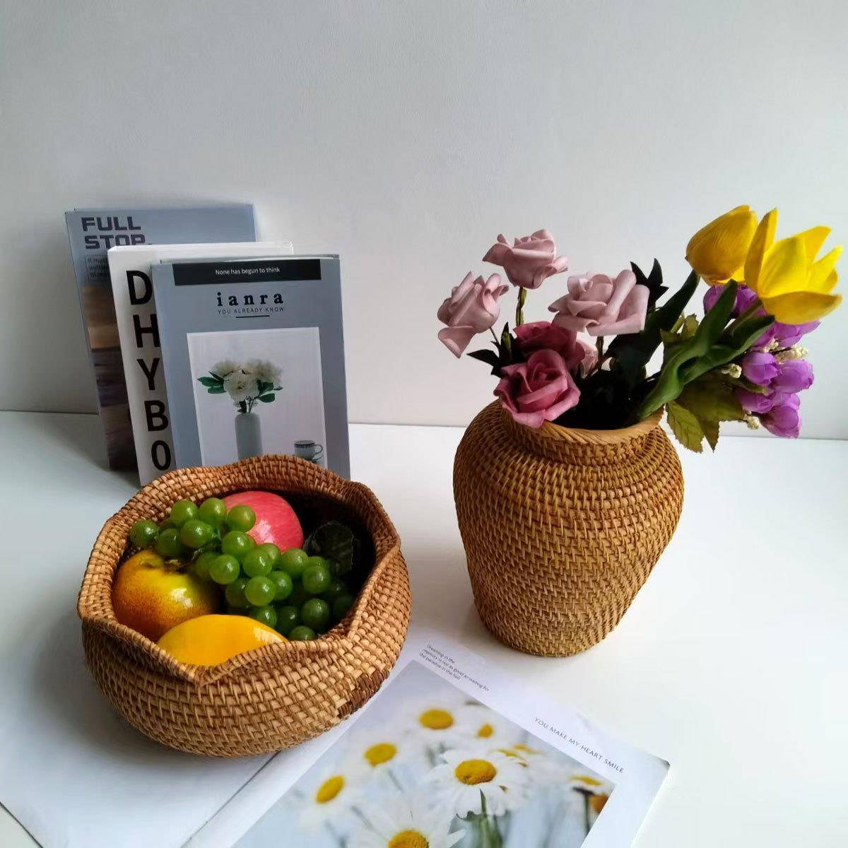 秋藤编手工收纳水篮糖果藤编花瓶零食盘茶几收果纳盒柳编收花纳筐