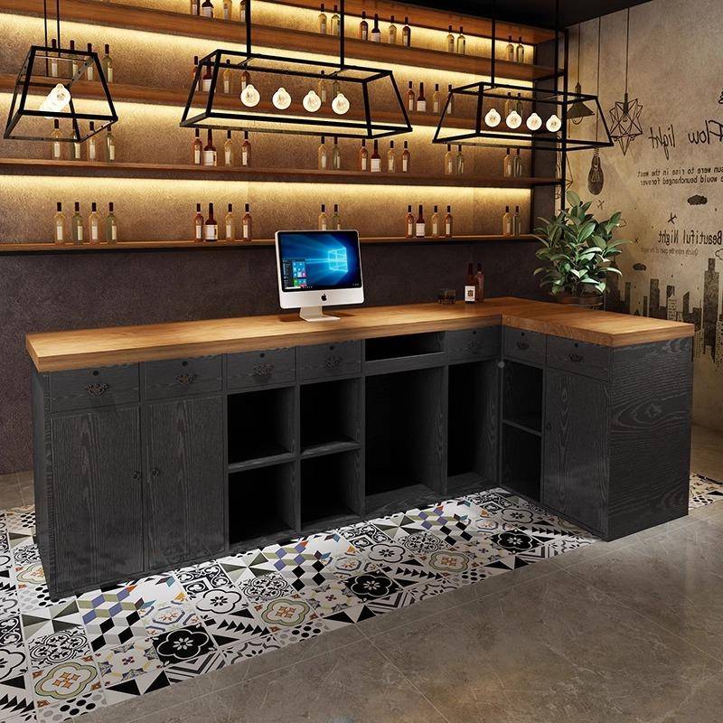 吧收银台酒吧餐厅台饭店台柜商用茶店前奶台接待实木弧形转角公司