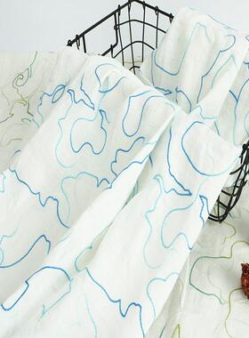 现货纯装麻绣花面料彩云提朵花麻布XDU面料纯麻面色料提花文艺服