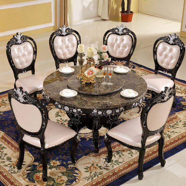 欧式大理石圆餐桌带转盘黑檀色餐桌椅组合 实木圆形吃饭桌家用8人,住宅家具,大理石餐桌,淘宝优惠券,粉丝福利购,淘宝优惠卷