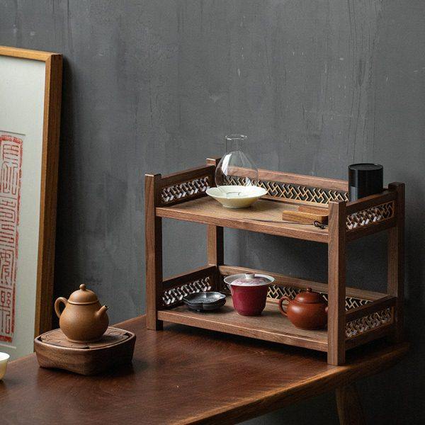 黑胡桃木新中式茶具茶杯收纳架桌面小型置物架实木多宝阁博古架子
