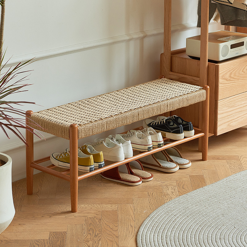 实木换鞋凳家用门口入户鞋柜创意藤编长条凳鞋架现代简约凳子坐凳
