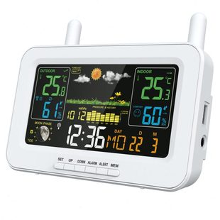 无线彩屏气象钟天气预报钟带气压电波钟室内外温湿度LCD电子闹钟