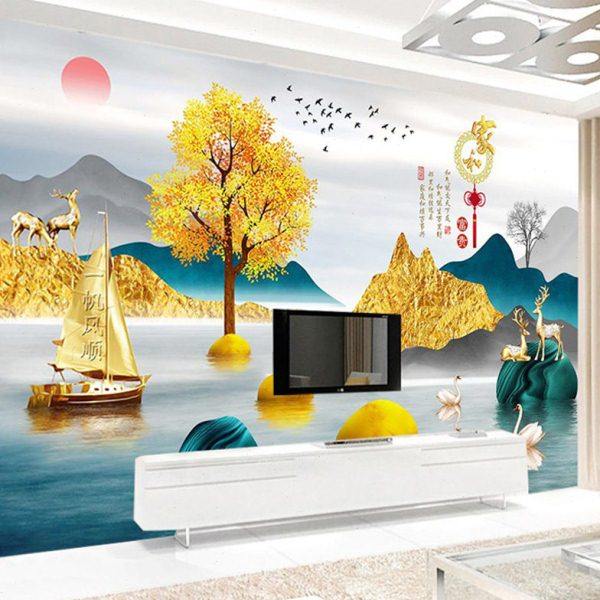 电视背景墙壁纸新款立体2024招财鹿壁画客厅影视墙纸自粘墙布大气,家装主材,无纺布墙纸,淘宝优惠券,粉丝福利购,淘宝优惠卷