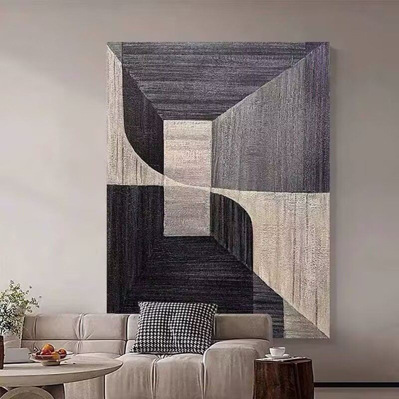 纯手绘油画黑白灰几何图案客厅玄关装饰画高档极简复古立体肌理画