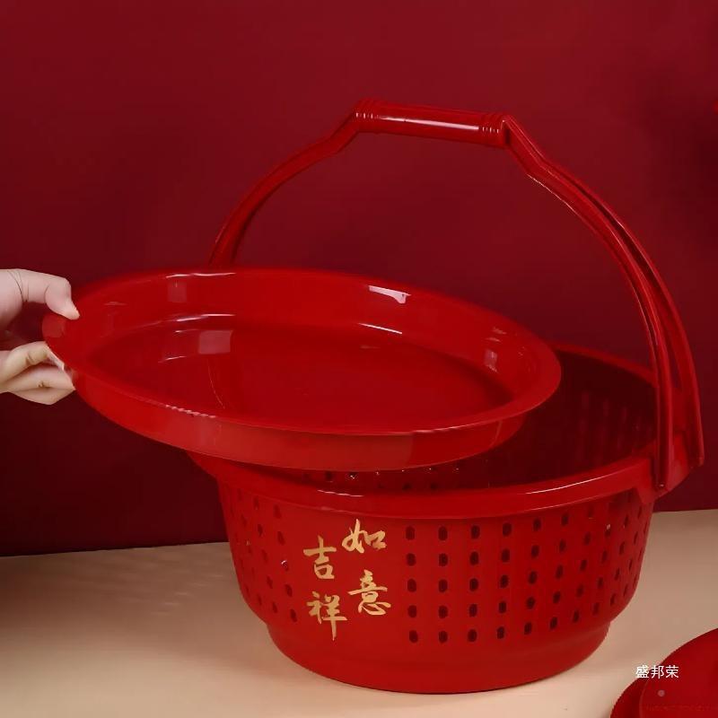 拜LL869099手提篮子拜神庆双拜层带盖加红厚塑料篮圆篮色喜结婚喜