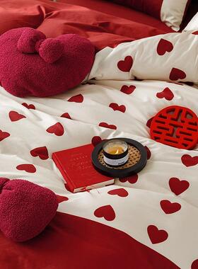 韩式浪漫婚庆10支棉四件套05698爱数码印花大红被套结婚床全心上