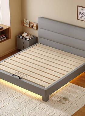 现简约床小型薄床头主卧加户厚燕尾榫卯大床皮代轻奢PZC双人床婚