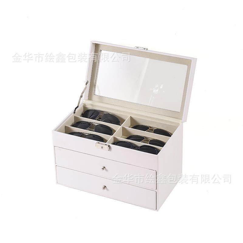 现货3层白色PU皮眼镜收纳盒高盒透展示玻打QTK容量多功能饰璃品收