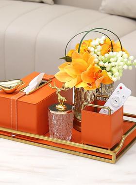 现代纸简约轻奢风皮橙色遥控收纳革纸巾家盒茶几F96TT5HT用抽花艺