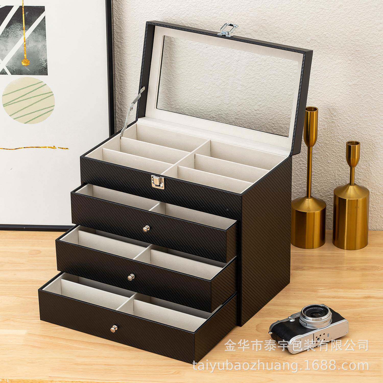 盒新款GUN碳纤维大号太阳眼镜皮革收纳盒24位眼u示镜p展盒四层眼