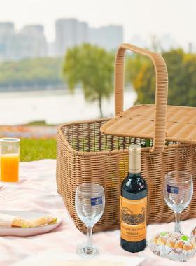 OUE手工外藤编野餐篮带盖户露营手提篮子水果收纳家篮用供篮篮采