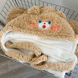 可连帽披肩女带冬季办公室午睡风斗人篷小毯子加厚学立体卡通生懒