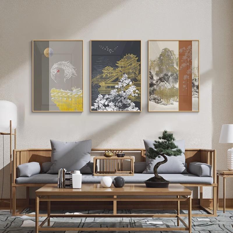 新中式饰画样板房创意112山装水画建筑书房厅玄沙发关背景软客装