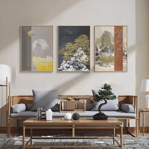 新中式饰画样板房创意112山装水画建筑书房厅玄沙发关背景软客装