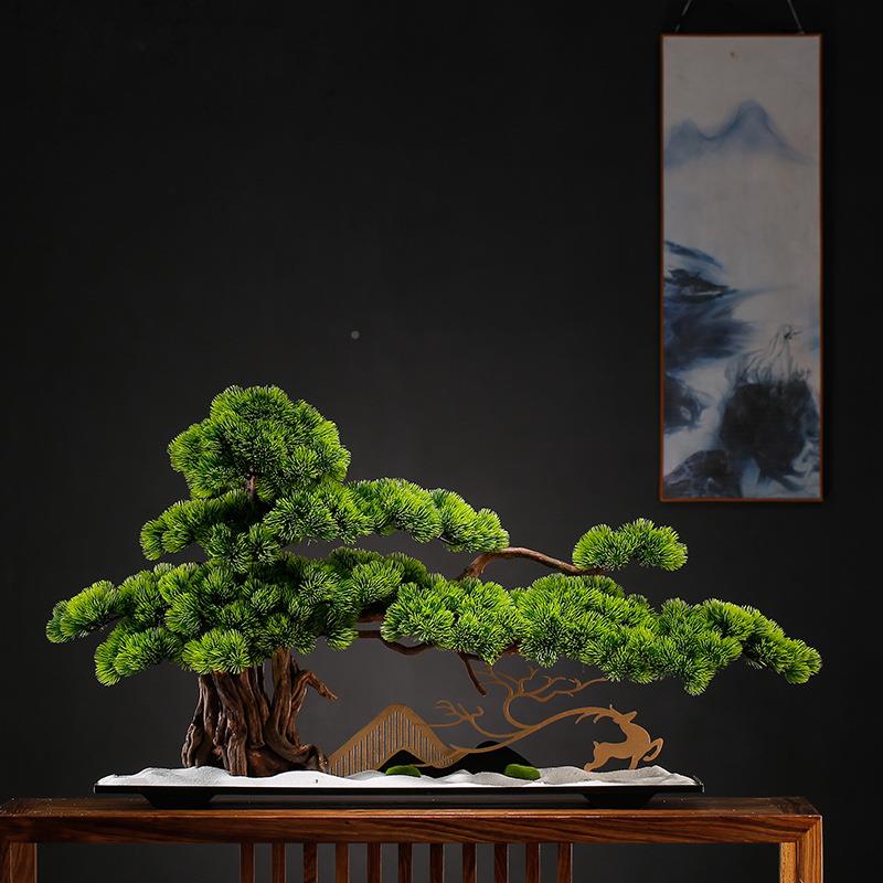 仿真迎客松面盆景绿植315件新中式桌玄崖关装饰摆柏美人松假树景