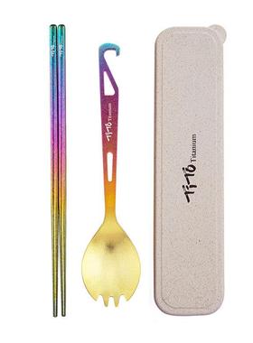 Q5M纯钛冰花筷子勺童子叉子餐具O套户外便携女EHO儿便当装盒露营