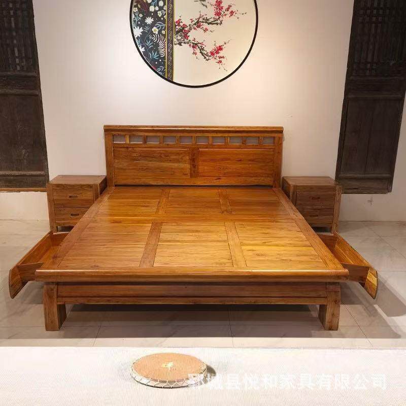 新中式老榆木双人床简约复古民宿大床做旧家具储物床家用卧室婚床