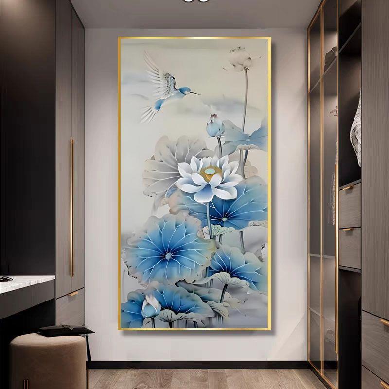荷花翠鸟图十字绣2024新款线绣客厅竖版玄关书房满绣新中式小件