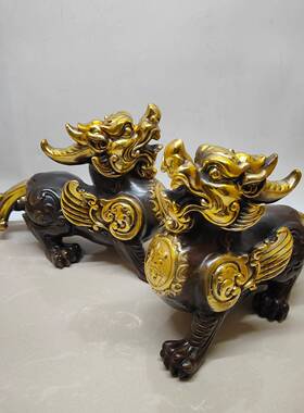 古玩做旧铜麒麟摆设黄铜仿紫铜鎏金财富麒麟一对摆件