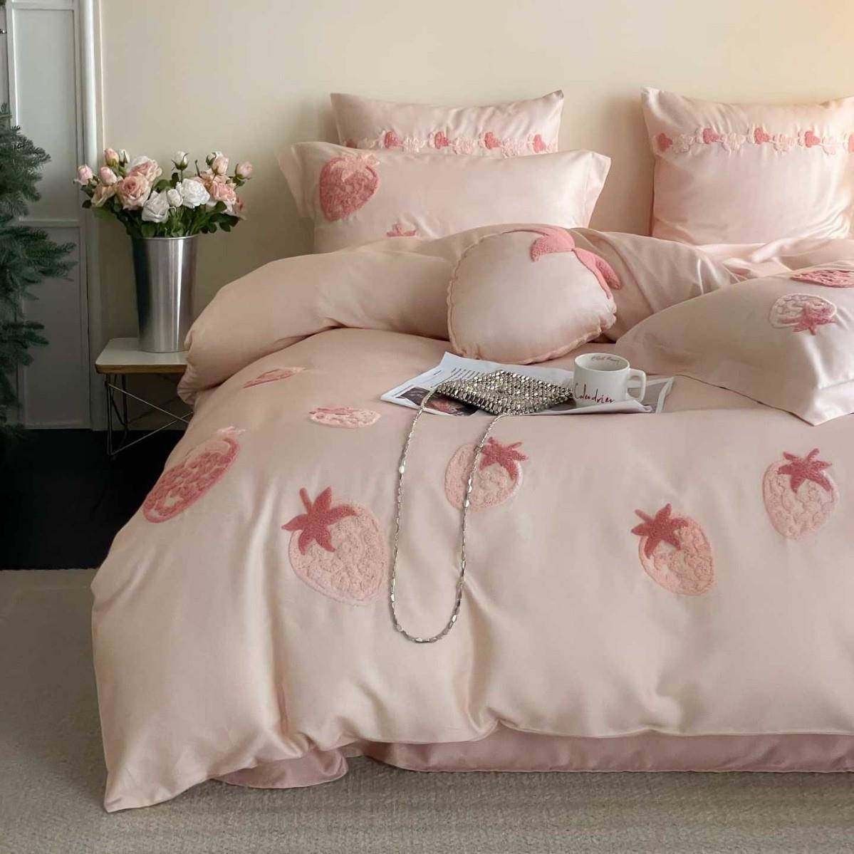 超细旦天丝棉磨毛四件套甜酷草莓刺绣加厚被套床单少女床上用品