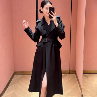 通勤黑色长款风衣女收腰系带西装领外套显瘦高级感