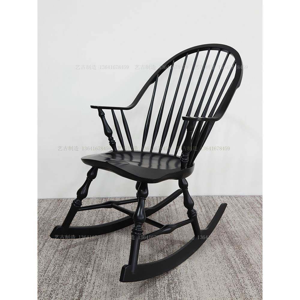 美式中古实木榫卯摇椅乡村复古逍遥椅阳台摇摇椅法式单人榫卯摇椅