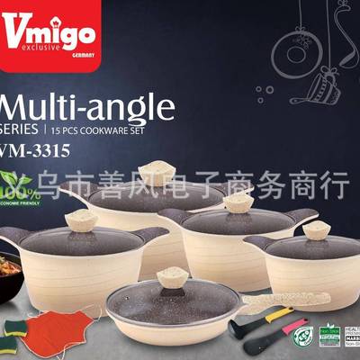 Vmigo-15pcs韩式渐变色锅具套装麦饭石不粘锅通用
