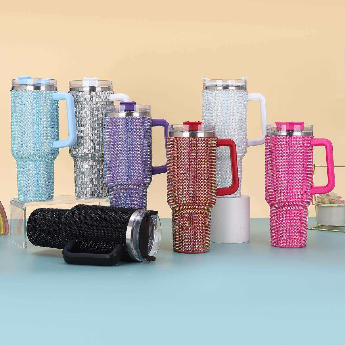 40oz带手柄镶钻炫彩汽车杯304不锈钢保冷冰霸杯大容量吸管保温杯