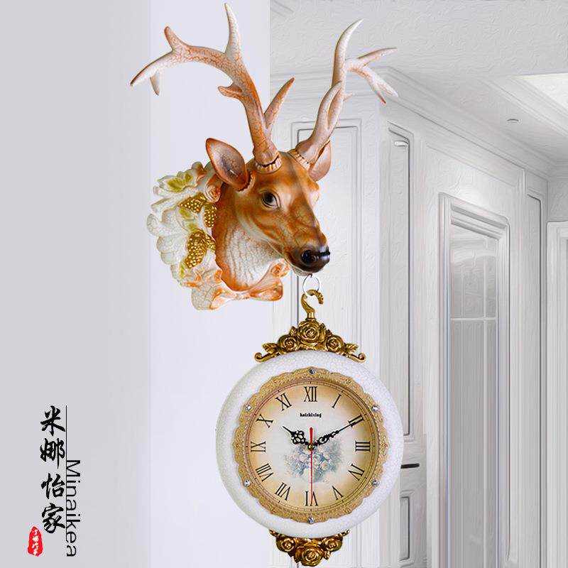 美式复古双面挂钟客厅钟表创意个性鹿头装饰壁挂大号静音挂表
