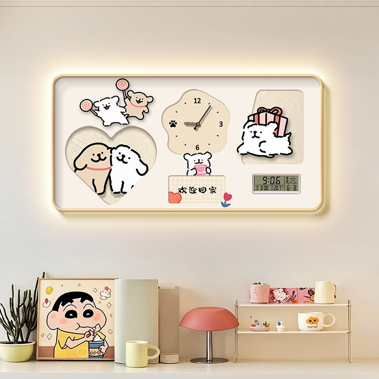 卡通线条小狗现代潮玩万年历电子时钟发光挂画