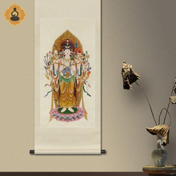 工笔唐卡人物国画千手千眼观音菩萨画像书房玄关中式挂画卷轴画框