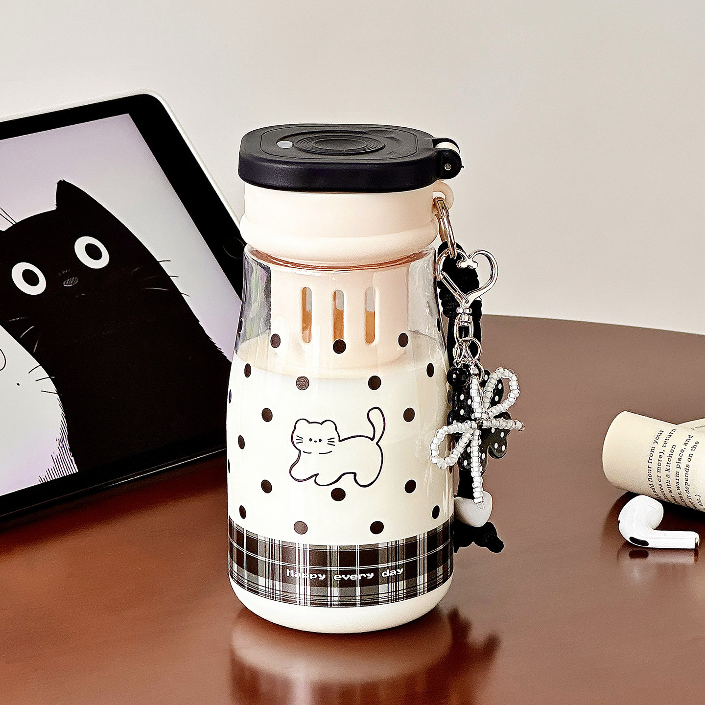 黑猫吸管杯子女生高颜值2026新款便携外出塑料水杯学生双饮口夏季