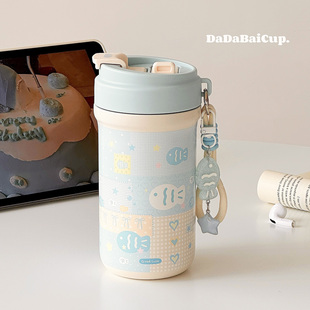 蓝鱼咖啡杯子保温杯女生高颜值2025新款大容量吸管水杯学生双饮口