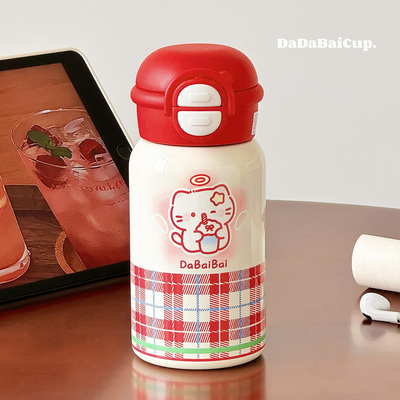 可爱吸管杯子保温杯2025新款女生高颜值不锈钢办公室便携水杯kt猫