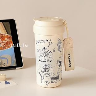 高颜值便携吸管杯子学生水杯 雪人猫咪陶瓷内胆保温杯女2025新款